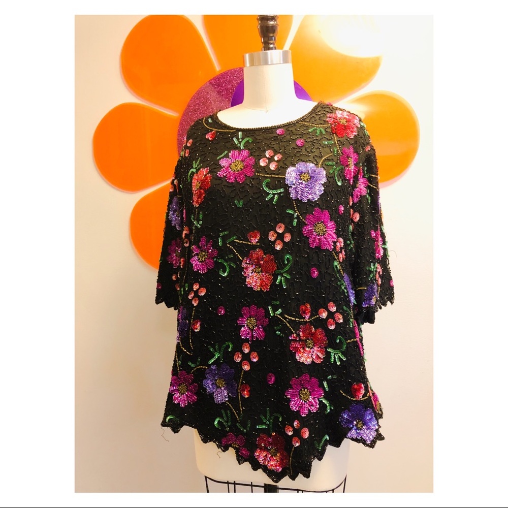 Vintage Laurence Kazar Bead and Sequins Silk Top
